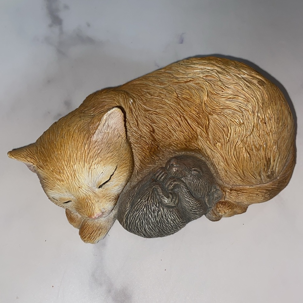 Vintage Cat Figurine Ginger Kitty Gray Mouse Hand Painted Resin Statue Cat Mouse